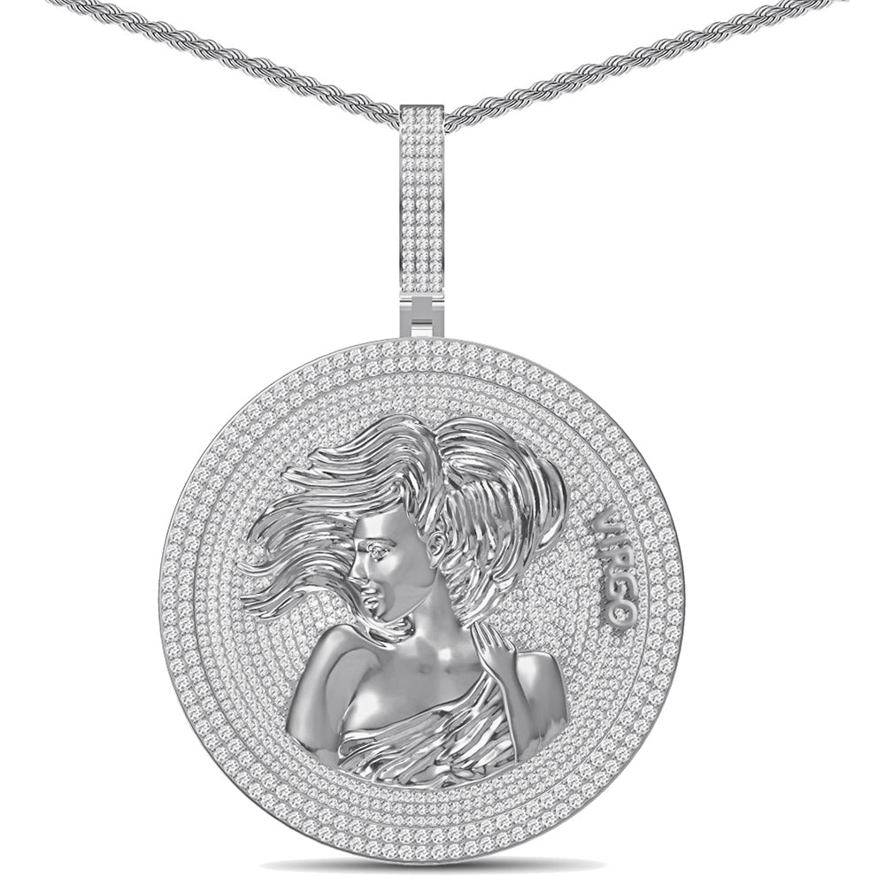 55+ Grams Big 2.80'' Real Silver Simulated Diamond 14K Gold Finish Astrological Zodiac Birth Symbol Sign Vigro Charm Pendant + Free Chain