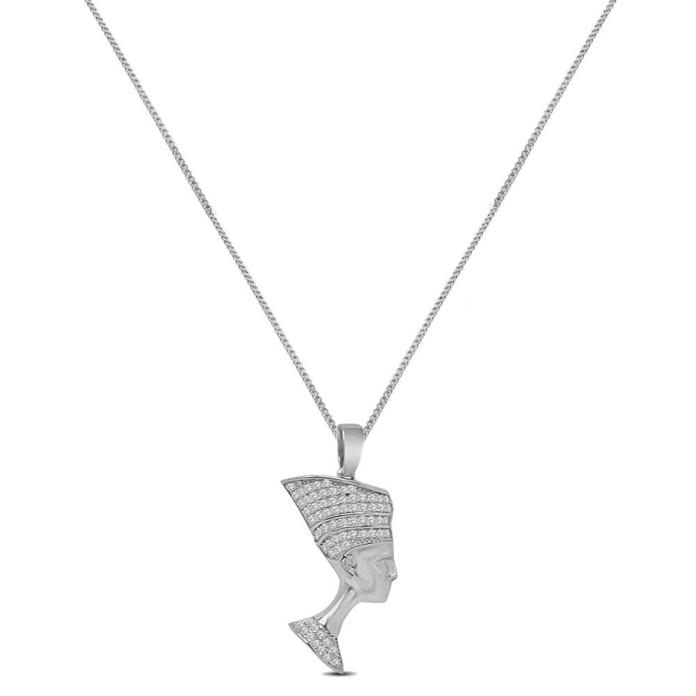 Small 1.50'' Genuine Authentic Italian Sterling Silver Simulated Diamond Egyptian Queen Nefertiti Charm Pendant Chain Neckless Set Unisex