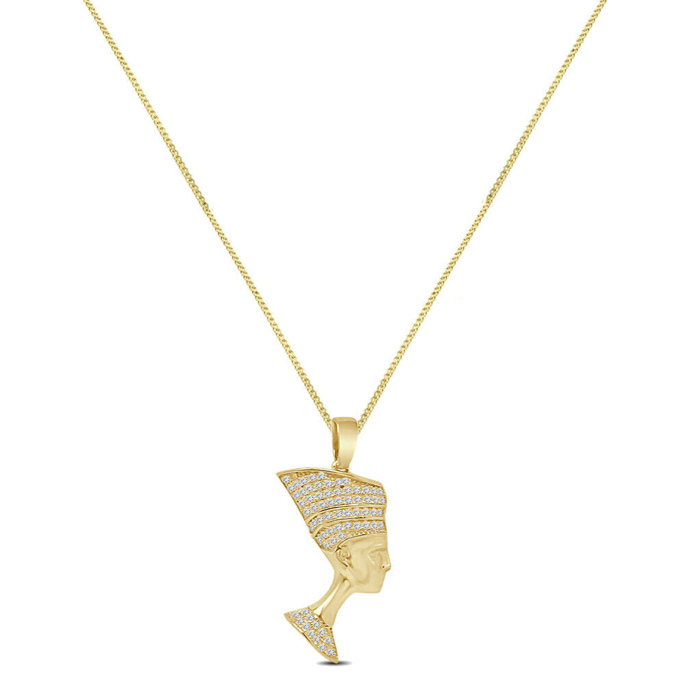 Small 1.50'' Genuine Authentic Italian Sterling Silver Simulated Diamond Egyptian Queen Nefertiti Charm Pendant Chain Neckless Set Unisex