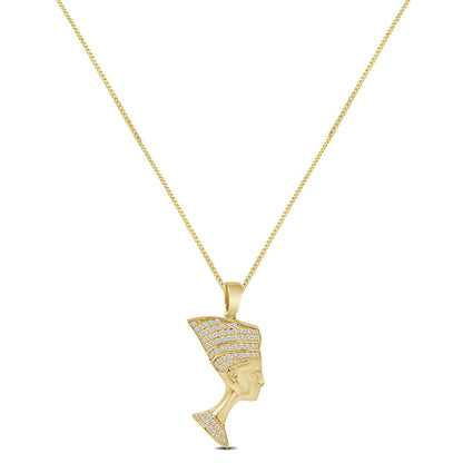 Small 1.50'' Genuine Authentic Italian Sterling Silver Simulated Diamond Egyptian Queen Nefertiti Charm Pendant Chain Neckless Set Unisex