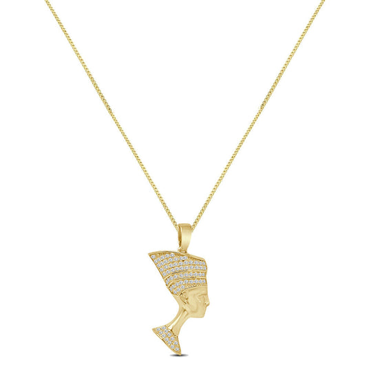 Small 1.50'' Genuine Authentic Italian Sterling Silver Simulated Diamond Egyptian Queen Nefertiti Charm Pendant Chain Neckless Set Unisex