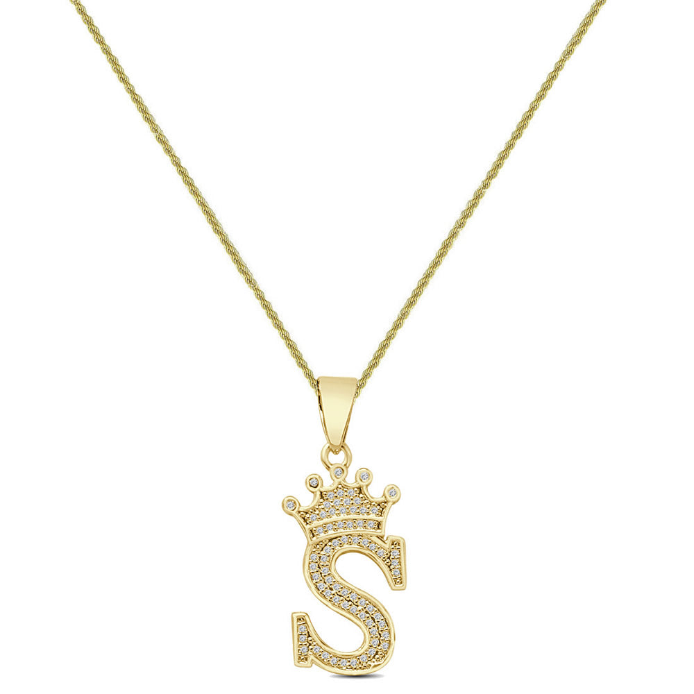 14K Yellow Gold Finish 1.00 Cwt. Simulated Diamond Crown Initial Letter Alphabet Unisex Charm Pendant Rope Chain Neckless Set Small 1.5''