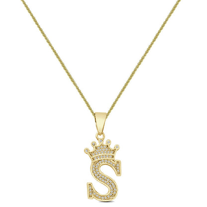 14K Yellow Gold Finish 1.00 Cwt. Simulated Diamond Crown Initial Letter Alphabet Unisex Charm Pendant Rope Chain Neckless Set Small 1.5''