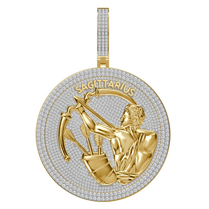 55+ Grams Big 2.80'' Real Silver Simulated Diamond 14K Gold Over Astrological Zodiac Birth Symbol Sign Sagittarius Charm Pendant +Free Chain