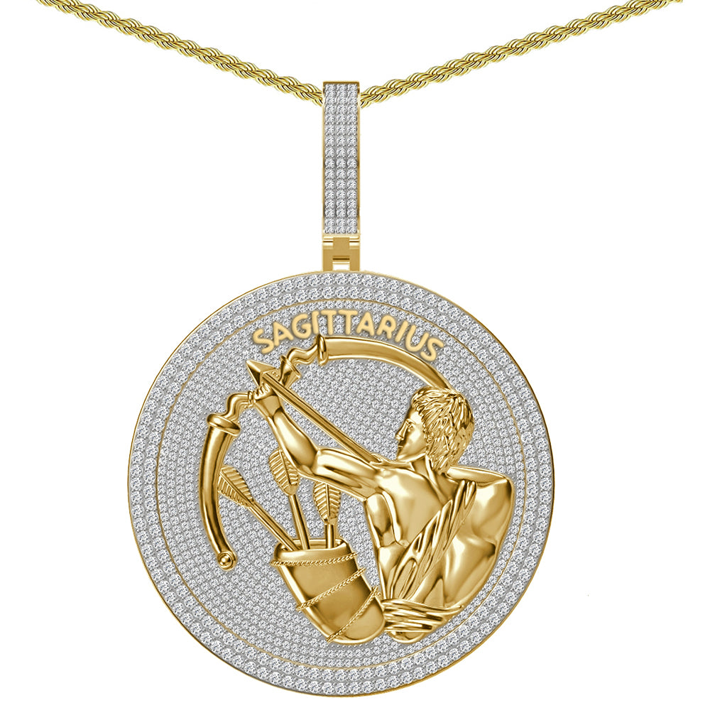 55+ Grams Big 2.80'' Real Silver Simulated Diamond 14K Gold Over Astrological Zodiac Birth Symbol Sign Sagittarius Charm Pendant +Free Chain