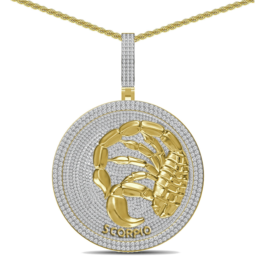 55+ Grams Big 2.80'' Real Silver Simulated Diamond 14K Gold Finish Astrological Zodiac Birth Symbol Sign Scorpio Charm Pendant + Free Chain