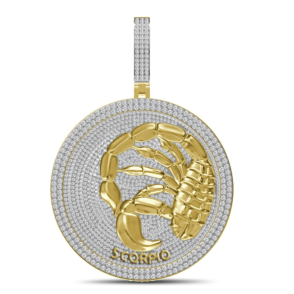 55+ Grams Big 2.80'' Real Silver Simulated Diamond 14K Gold Finish Astrological Zodiac Birth Symbol Sign Scorpio Charm Pendant + Free Chain