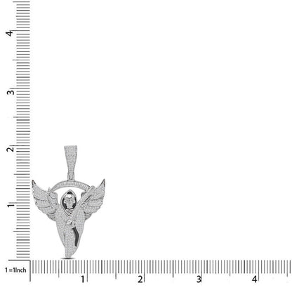 20+ Grams Real Silver 14K White Gold Finish 1.50 Cwt. Simulated Diamond Flying Santa Muerte Grim Reaper Angel of Death Pendant Charm +Free Chain