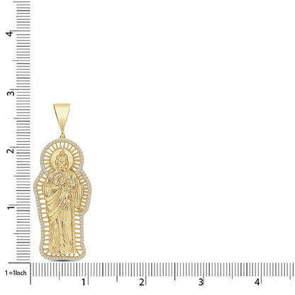 2.75'' 14K Gold Finish Simulated 1.00 Cwt. Diamond Saint Jude San Judas Tadeo Unisex Charm Religious Pendant Rope Chain Neckless 18+ Grams