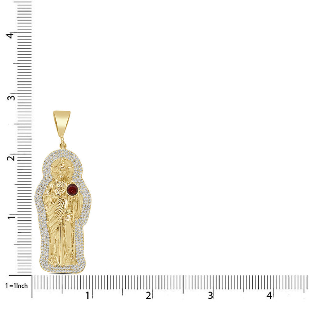 Unisex 2.75'' 14K Gold Finish Simulated Diamond 1.00 Cwt. Saint Jude San Judas Tadeo Religious Charm Pendant Rope Chain Neckless 18+ Grams