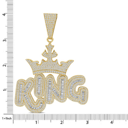 140+ Grams Big XL 4'' Custom Piece 14K Gold Finish 8.75 Ct. Baguette/Round Cut Simulated Diamond Royal King Crown Men's Pendant Charm +Chain