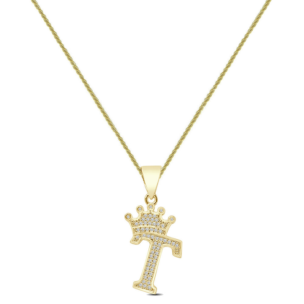 14K Yellow Gold Finish 1.00 Cwt. Simulated Diamond Crown Initial Letter Alphabet Unisex Charm Pendant Rope Chain Neckless Set Small 1.5''