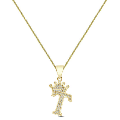 14K Yellow Gold Finish 1.00 Cwt. Simulated Diamond Crown Initial Letter Alphabet Unisex Charm Pendant Rope Chain Neckless Set Small 1.5''