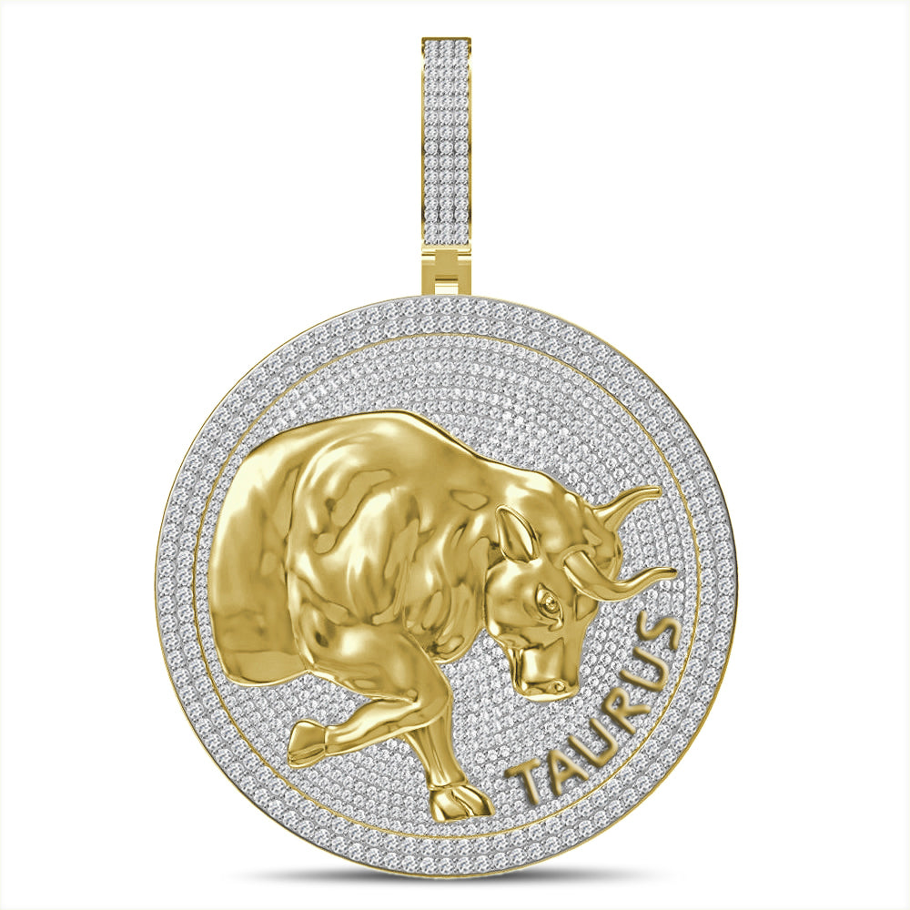 55+ Grams Big 2.80'' Real Silver Simulated Diamond 14K Gold Finish Astrological Zodiac Birth Symbol Sign Taurus Charm Pendant + Free Chain