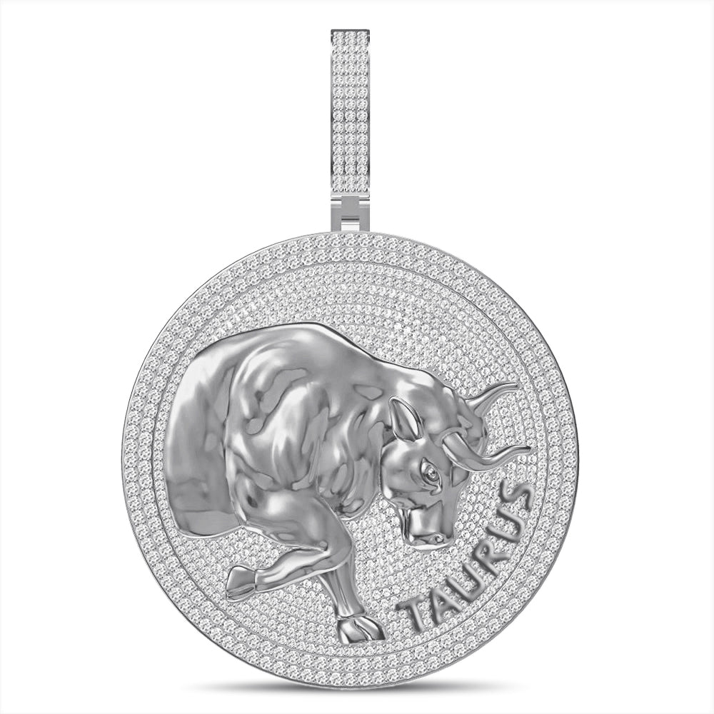 55+ Grams Big 2.80'' Real Silver Simulated Diamond 14K Gold Finish Astrological Zodiac Birth Symbol Sign Taurus Charm Pendant + Free Chain
