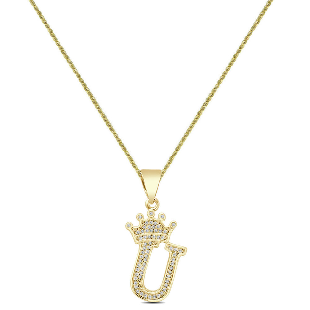 14K Yellow Gold Finish 1.00 Cwt. Simulated Diamond Crown Initial Letter Alphabet Unisex Charm Pendant Rope Chain Neckless Set Small 1.5''
