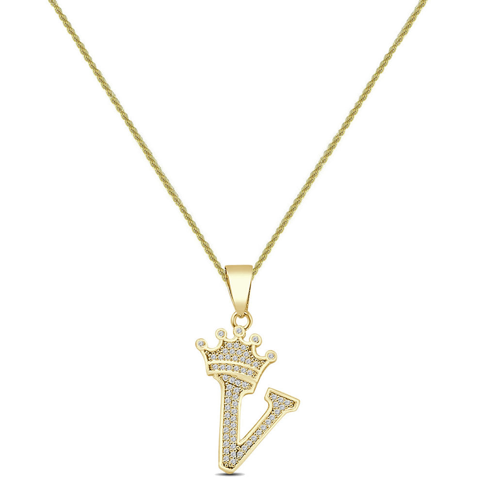 14K Yellow Gold Finish 1.00 Cwt. Simulated Diamond Crown Initial Letter Alphabet Unisex Charm Pendant Rope Chain Neckless Set Small 1.5''