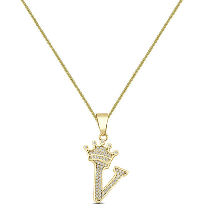 14K Yellow Gold Finish 1.00 Cwt. Simulated Diamond Crown Initial Letter Alphabet Unisex Charm Pendant Rope Chain Neckless Set Small 1.5''