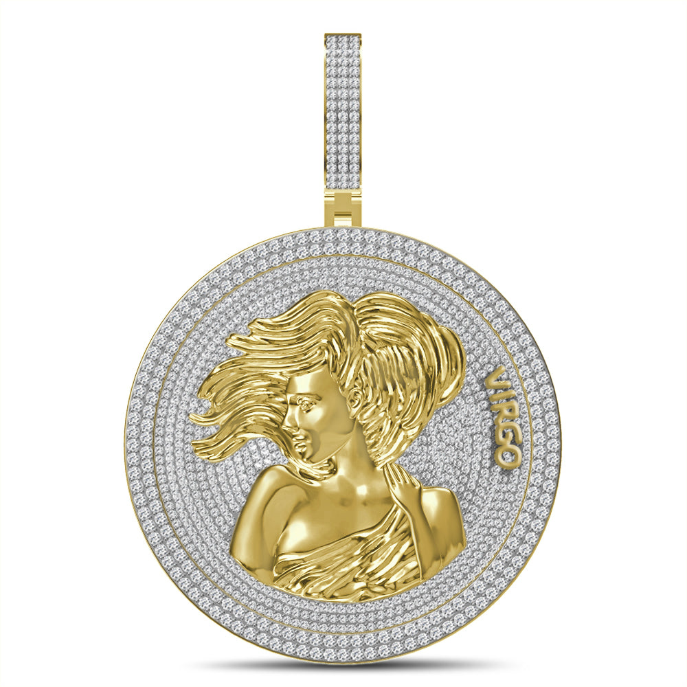 55+ Grams Big 2.80'' Real Silver Simulated Diamond 14K Gold Finish Astrological Zodiac Birth Symbol Sign Vigro Charm Pendant + Free Chain
