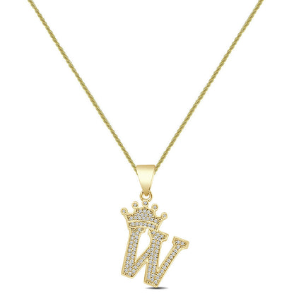 14K Yellow Gold Finish 1.00 Cwt. Simulated Diamond Crown Initial Letter Alphabet Unisex Charm Pendant Rope Chain Neckless Set Small 1.5''