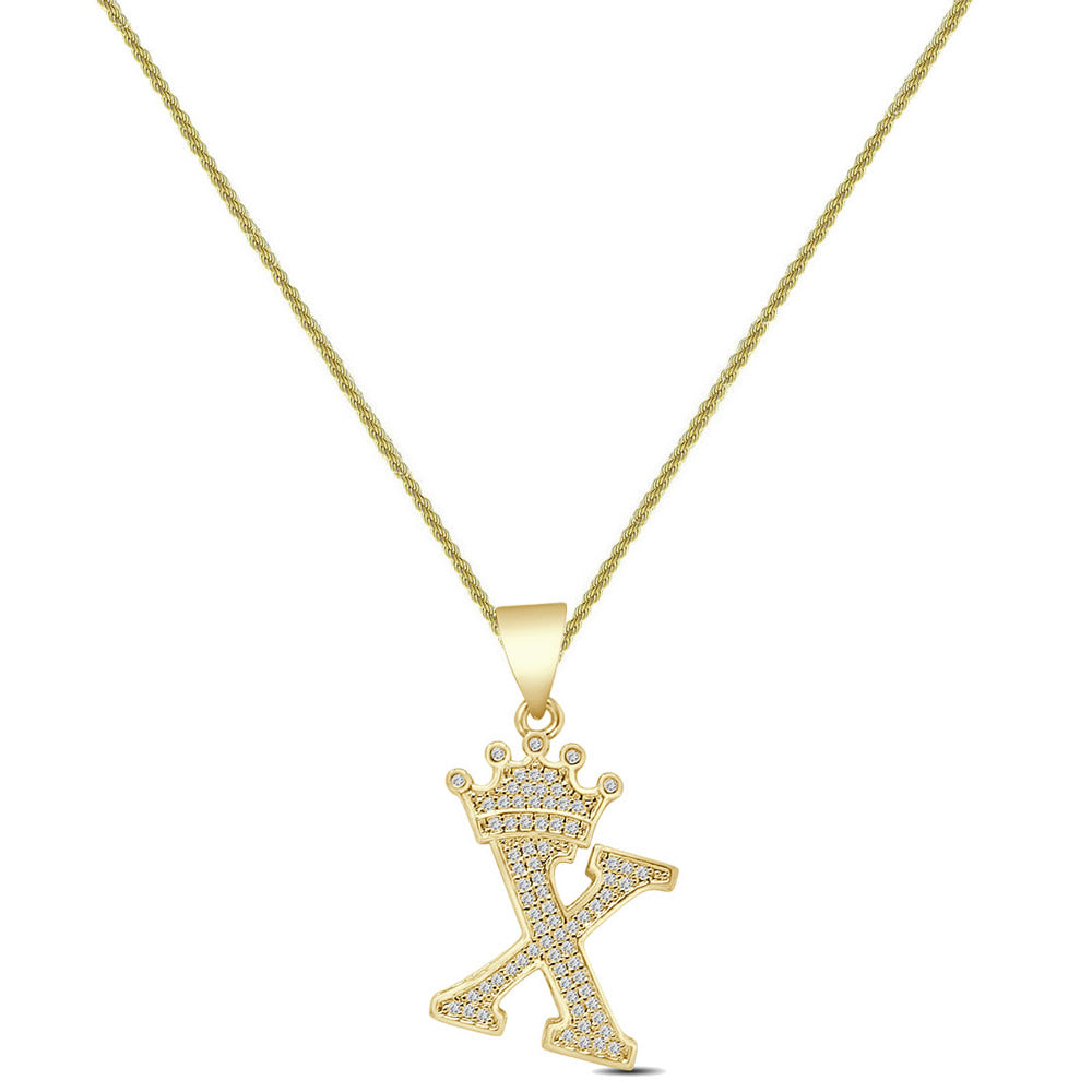 14K Yellow Gold Finish 1.00 Cwt. Simulated Diamond Crown Initial Letter Alphabet Unisex Charm Pendant Rope Chain Neckless Set Small 1.5''