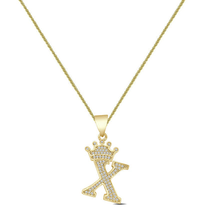 14K Yellow Gold Finish 1.00 Cwt. Simulated Diamond Crown Initial Letter Alphabet Unisex Charm Pendant Rope Chain Neckless Set Small 1.5''