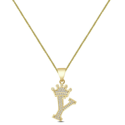 14K Yellow Gold Finish 1.00 Cwt. Simulated Diamond Crown Initial Letter Alphabet Unisex Charm Pendant Rope Chain Neckless Set Small 1.5''