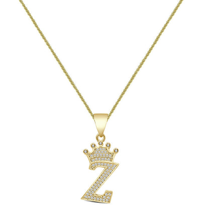 14K Yellow Gold Finish 1.00 Cwt. Simulated Diamond Crown Initial Letter Alphabet Unisex Charm Pendant Rope Chain Neckless Set Small 1.5''
