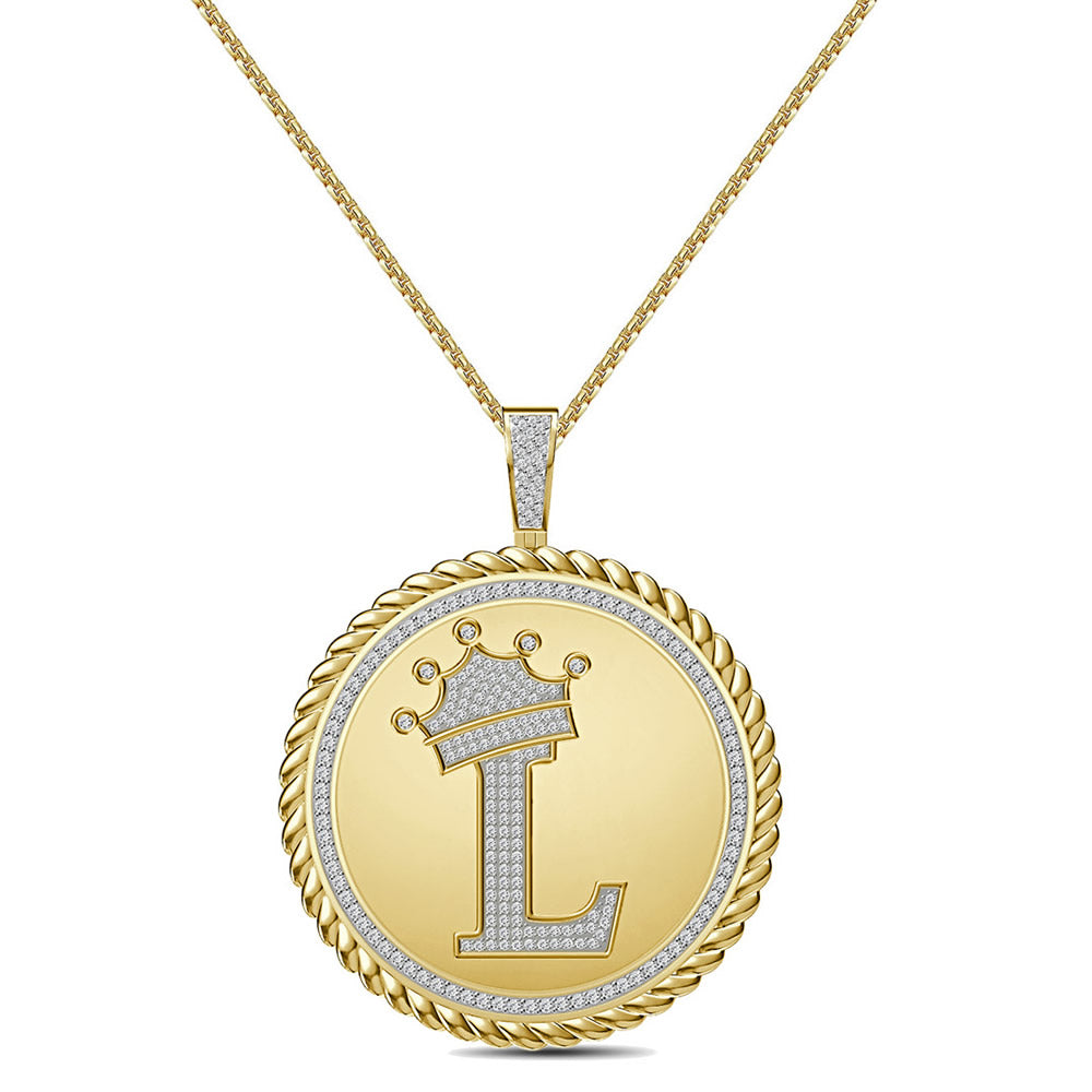 Real Genuine Authentic 1.75 Cwt. VVS1 MOISSANITE Diamond 32+ Grams Crown Initial Alphabet Letter Pendant Medallion 10K Gold On Charm + Chain
