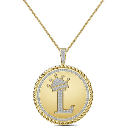 Real Genuine Authentic 1.75 Cwt. VVS1 MOISSANITE Diamond 32+ Grams Crown Initial Alphabet Letter Pendant Medallion 10K Gold On Charm + Chain