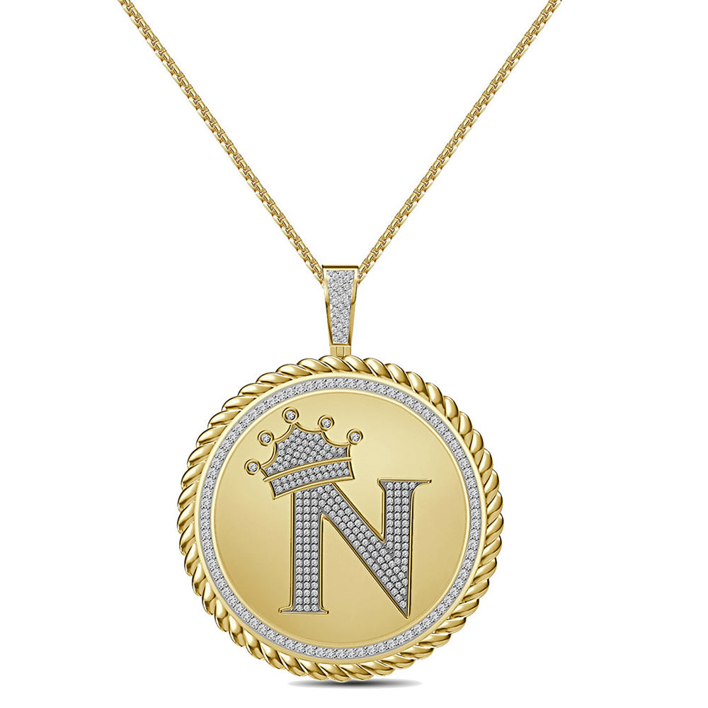 Real Genuine Authentic 1.75 Cwt. VVS1 MOISSANITE Diamond 32+ Grams Crown Initial Alphabet Letter Pendant Medallion 10K Gold On Charm + Chain