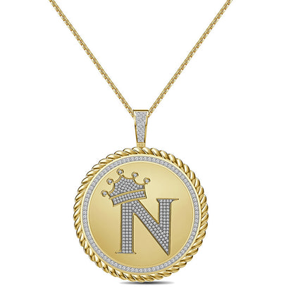 Real Genuine Authentic 1.75 Cwt. VVS1 MOISSANITE Diamond 32+ Grams Crown Initial Alphabet Letter Pendant Medallion 10K Gold On Charm + Chain