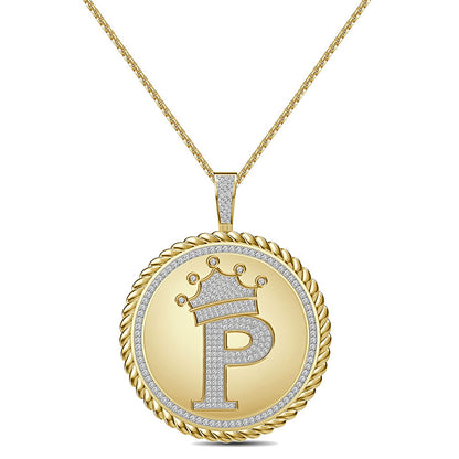 Real Genuine Authentic 1.75 Cwt. VVS1 MOISSANITE Diamond 32+ Grams Crown Initial Alphabet Letter Pendant Medallion 10K Gold On Charm + Chain