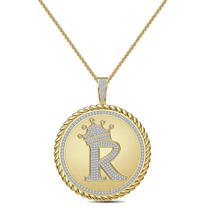 Real Genuine Authentic 1.75 Cwt. VVS1 MOISSANITE Diamond 32+ Grams Crown Initial Alphabet Letter Pendant Medallion 10K Gold On Charm + Chain