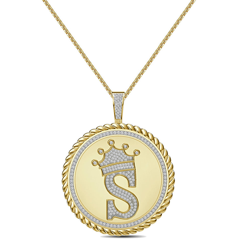 Real Genuine Authentic 1.75 Cwt. VVS1 MOISSANITE Diamond 32+ Grams Crown Initial Alphabet Letter Pendant Medallion 10K Gold On Charm + Chain