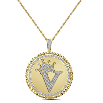 Real Genuine Authentic 1.75 Cwt. VVS1 MOISSANITE Diamond 32+ Grams Crown Initial Alphabet Letter Pendant Medallion 10K Gold On Charm + Chain
