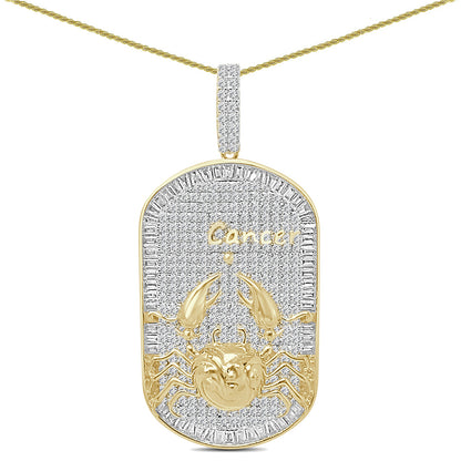 Real Genuine Sterling Silver 26+ Grams 2.25 Ctw. Baguette/Round Cut Simulated Diamond 14K Gold Over Zodiac Birth Sign Dog Tag Charm Pendant