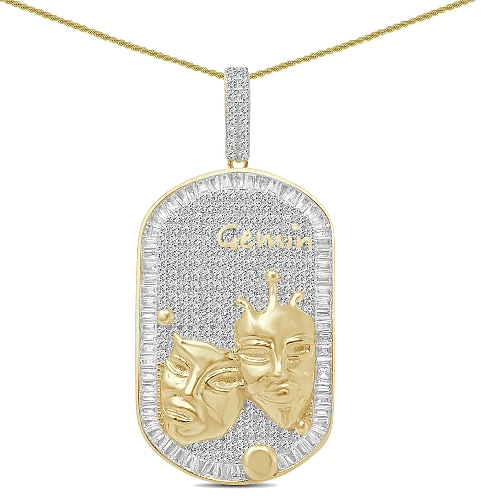 Real Genuine Sterling Silver 26+ Grams 2.25 Ctw. Baguette/Round Cut Simulated Diamond 14K Gold Over Zodiac Birth Sign Dog Tag Charm Pendant