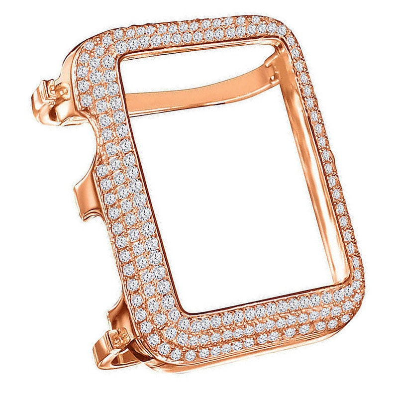 Real Genuine Sterling Silver Apple Watch Custom Bezel Fit Series # 2 & 3 Both 14K Gold Finish Simulated Diamond Face Insert Cover Case 42mm