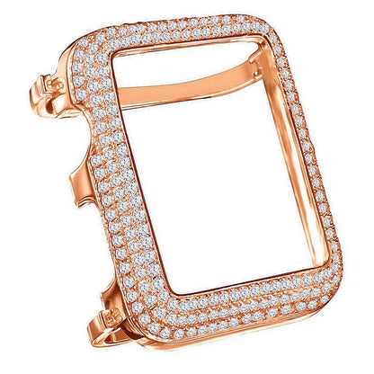 Real Genuine Sterling Silver Apple Watch Custom Bezel Fit Series # 2 & 3 Both 14K Gold Finish Simulated Diamond Face Insert Cover Case 42mm