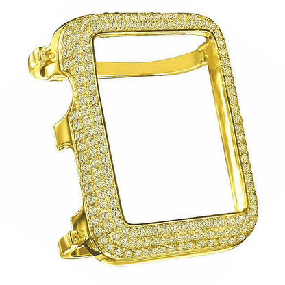 Real Genuine Sterling Silver Apple Watch Custom Bezel Fit Series # 2 & 3 Both 14K Gold Finish Simulated Diamond Face Insert Cover Case 42mm
