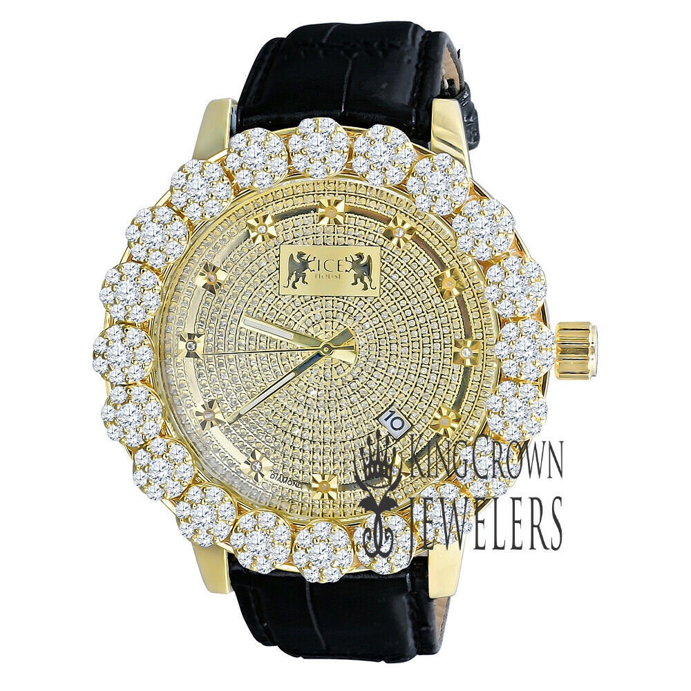 Men's Real Diamond Dial Custom Flower Cluster Bezel 18K Gold Finish Analog Solid Steel Stainless Back Genuine Leather Strap Band Wrist Watch
