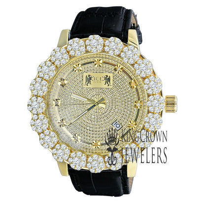 Men's Real Diamond Dial Custom Flower Cluster Bezel 18K Gold Finish Analog Solid Steel Stainless Back Genuine Leather Strap Band Wrist Watch