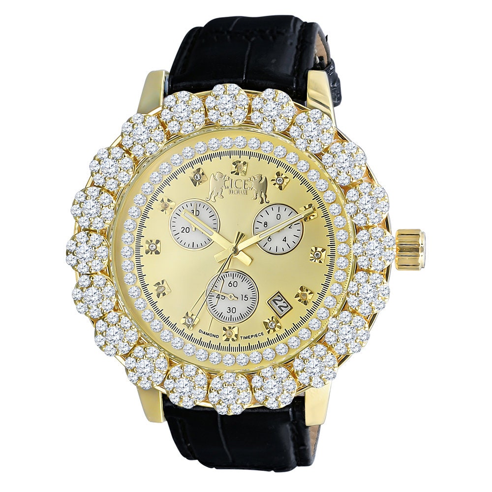 Real Diamond Dial Custom Flower Cluster Bezel 18K Gold Finish Analog Solid Steel Stainless Back Genuine Leather Strap Band Wrist Men's Watch