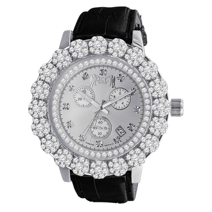 Real Diamond Dial Custom Flower Cluster Bezel 18K Gold Finish Analog Solid Steel Stainless Back Genuine Leather Strap Band Wrist Men's Watch