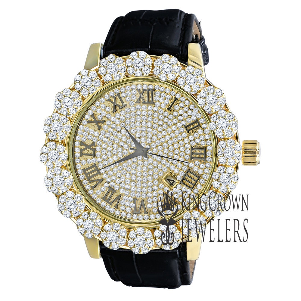Roman Face Men's Custom Flower Bezel Gold Tone Simulated Diamond Dial Wrist Watch Analog Solid Steel Back Genuine Leather Strap Band W/Date