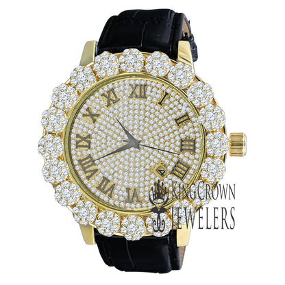 Roman Face Men's Custom Flower Bezel Gold Tone Simulated Diamond Dial Wrist Watch Analog Solid Steel Back Genuine Leather Strap Band W/Date