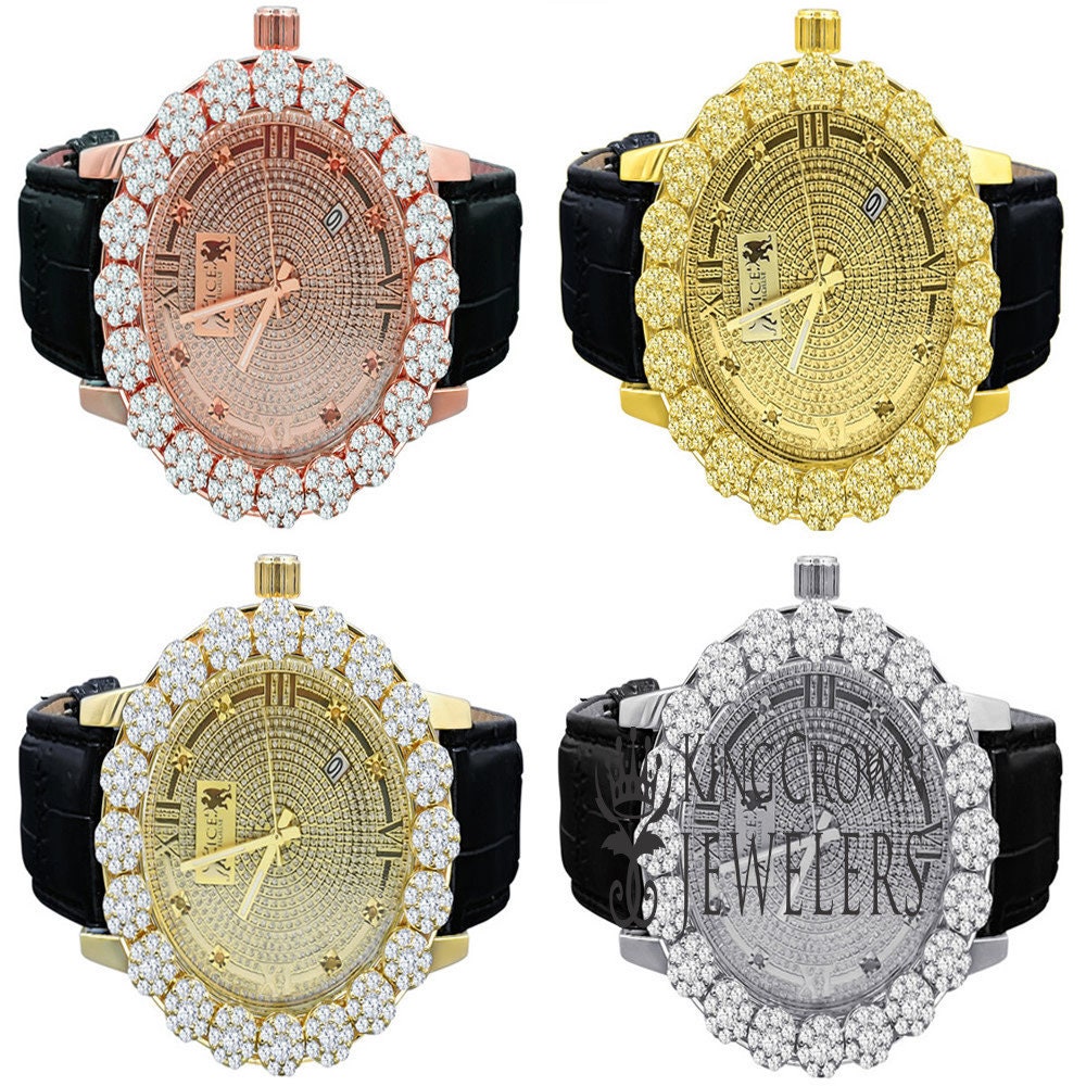 Genuine Leather Strap Band W/Date Function Roman Face Men's Custom Flower Bezel Gold Finish Real Diamond Dial Wrist Watch Analog Steel Back