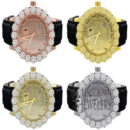 Genuine Leather Strap Band W/Date Function Roman Face Men's Custom Flower Bezel Gold Finish Real Diamond Dial Wrist Watch Analog Steel Back