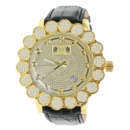 Micro Pave Cluster Custom Bezel Genuine Diamond Dial 5 ATM Water Resistant Solid Steel Back Men's Watch Analog Genuine Leather Band W/Date